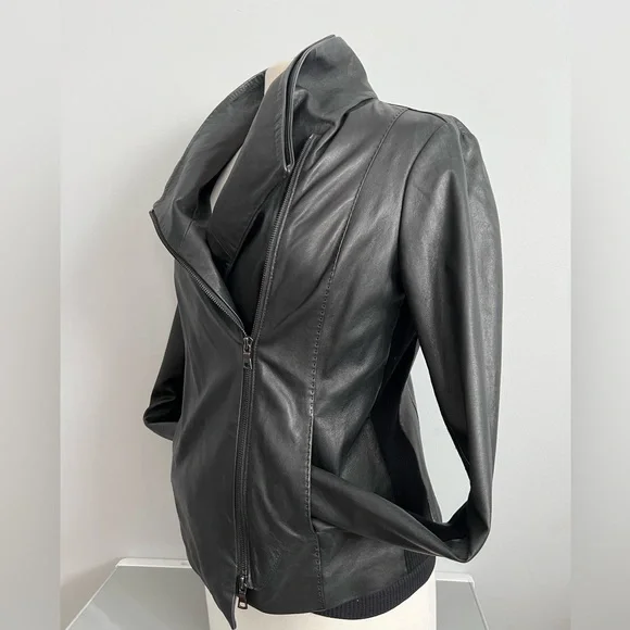 Vince Scuba Leather & Stretch Wool Panel Black Motto Jacket Womens L 8 - Picture 7 of 17